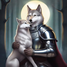 A brave wolf knight holding a female dog in his arms