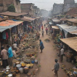 A bustling, underprivileged slum area with a vibrant street life where someone is brewing tea on a roadside stall