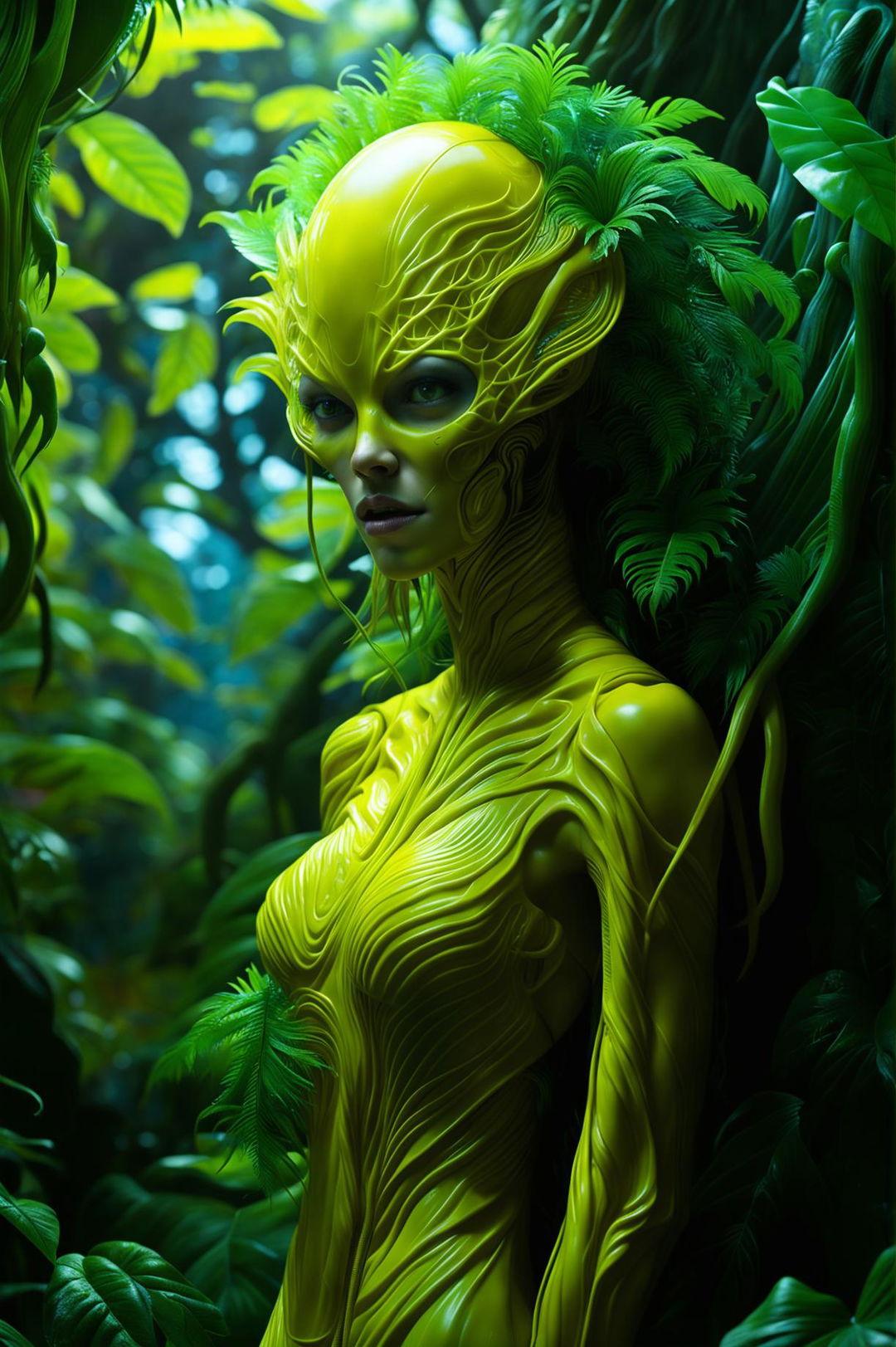 Create a hyper-realistic 3D artwork of a beautiful yellow alien-human hybrid in an alien forest with intense lighting, resembling cinema photography and concept art