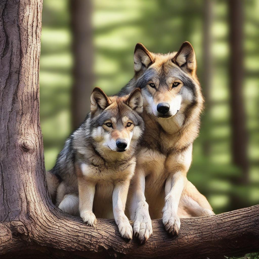 A strong and protective wolf holding a female dog close to him