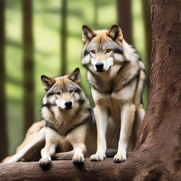 A strong and protective wolf holding a female dog close to him