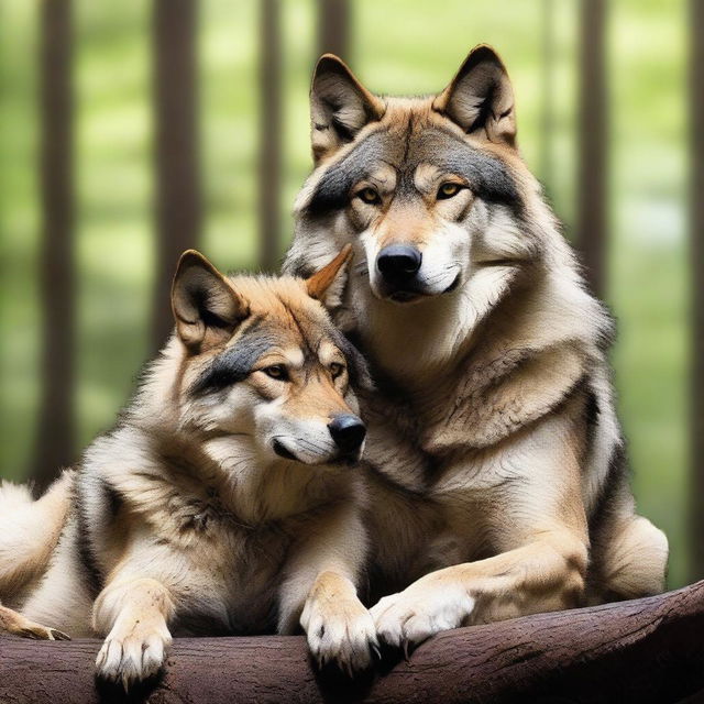 A strong and protective wolf holding a female dog close to him