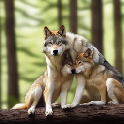 A strong and protective wolf holding a female dog close to him