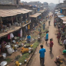 A bustling, underprivileged slum area with a vibrant street life where someone is brewing tea on a roadside stall