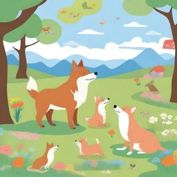 A scene featuring a wolf, a dog, a pig, and a fox together in a harmonious setting