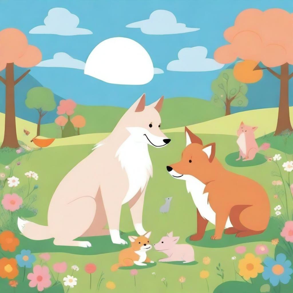 A scene featuring a wolf, a dog, a pig, and a fox together in a harmonious setting