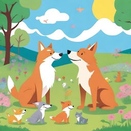 A scene featuring a wolf, a dog, a pig, and a fox together in a harmonious setting