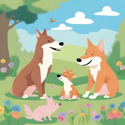 A scene featuring a wolf, a dog, a pig, and a fox together in a harmonious setting