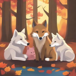 A heartwarming scene of a wolf, a dog, a pig, and a fox huddled together for warmth and companionship