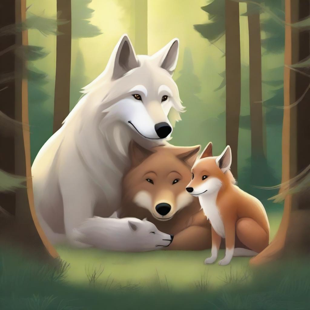 A heartwarming scene of a wolf, a dog, a pig, and a fox huddled together for warmth and companionship