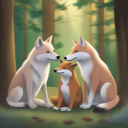 A heartwarming scene of a wolf, a dog, a pig, and a fox huddled together for warmth and companionship