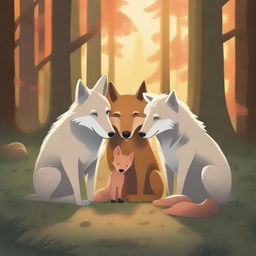 A heartwarming scene of a wolf, a dog, a pig, and a fox huddled together for warmth and companionship