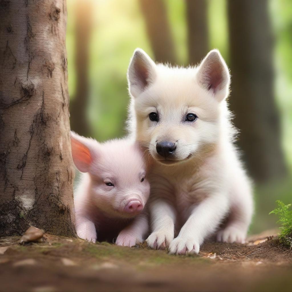 A cute and heartwarming scene of a baby wolf and a baby pig huddled together for warmth and companionship