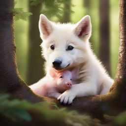 A cute and heartwarming scene of a baby wolf and a baby pig huddled together for warmth and companionship