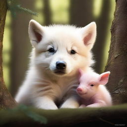 A cute and heartwarming scene of a baby wolf and a baby pig huddled together for warmth and companionship