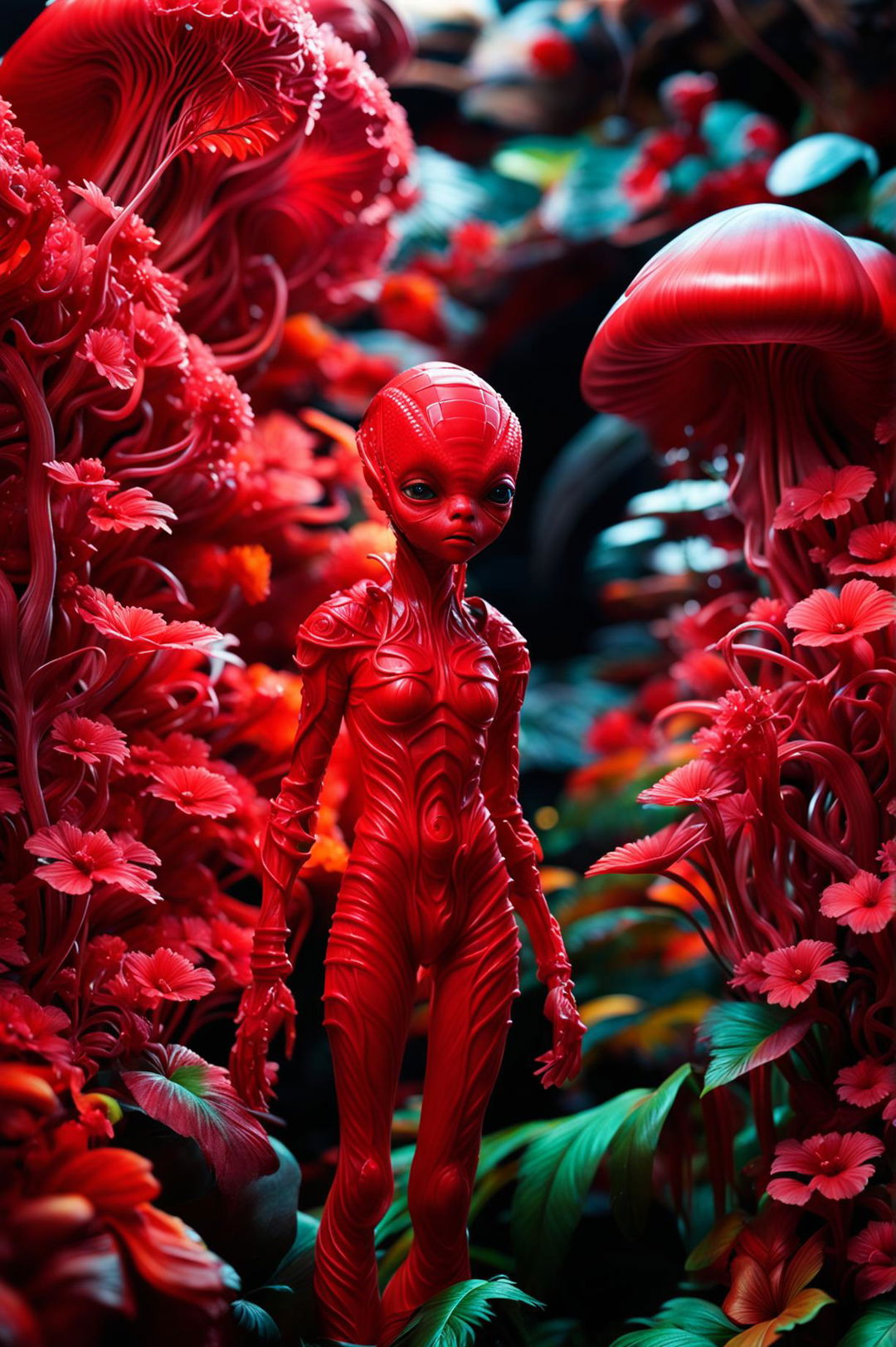 Create a hyper-realistic 3D artwork of two red alien-human hybrids in a zoomed-out scene with intense lighting, resembling cinema photography and concept art