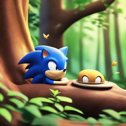 A charming scene featuring Sonic the Hedgehog sleeping peacefully next to a small bird