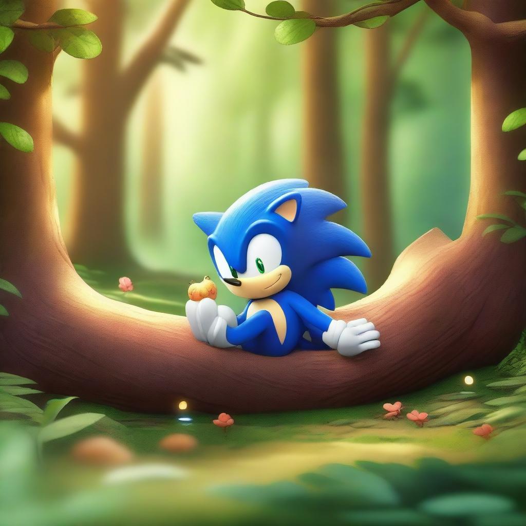 A charming scene featuring Sonic the Hedgehog sleeping peacefully next to a small bird