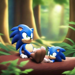 A charming scene featuring Sonic the Hedgehog sleeping peacefully next to a small bird