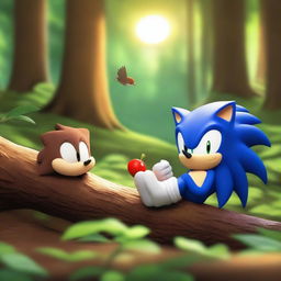 A charming scene featuring Sonic the Hedgehog sleeping peacefully next to a small bird