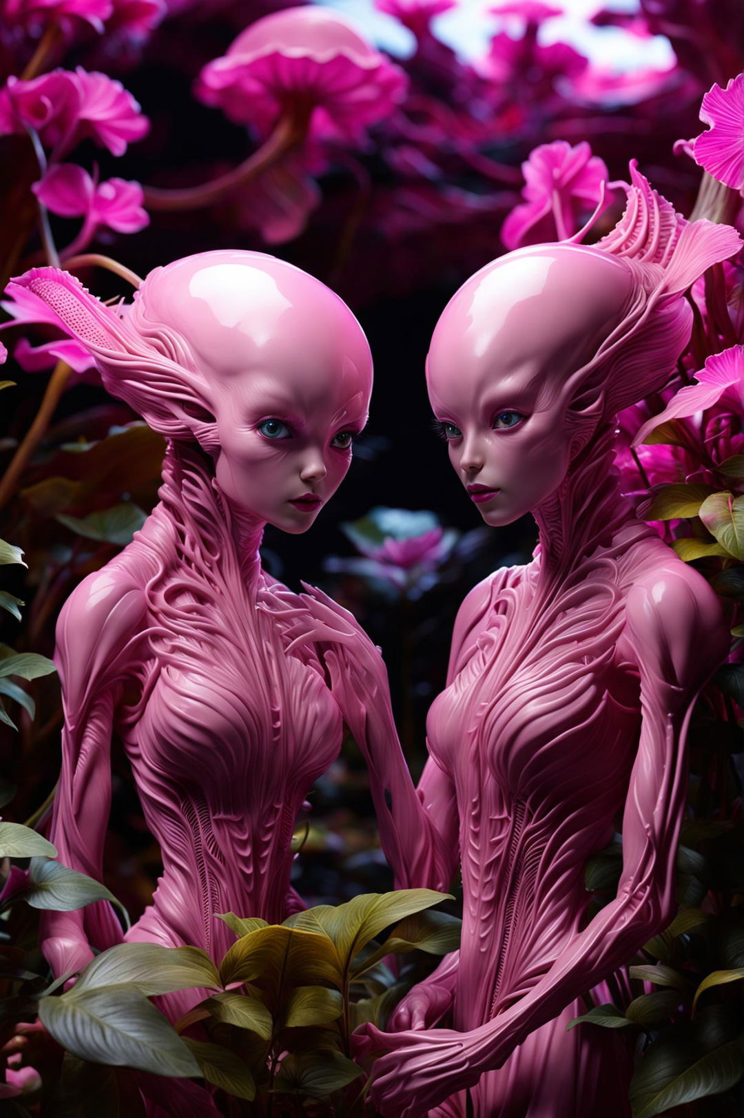 Create a hyper-realistic 3D artwork of two pink alien-human hybrids in a zoomed-out scene with intense lighting, resembling cinema photography and concept art