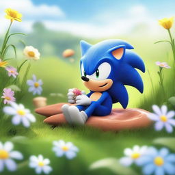 A charming scene featuring Sonic the Hedgehog peacefully sleeping next to a small bird