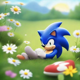 A charming scene featuring Sonic the Hedgehog peacefully sleeping next to a small bird