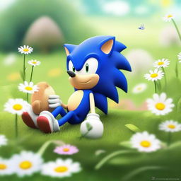 A charming scene featuring Sonic the Hedgehog peacefully sleeping next to a small bird