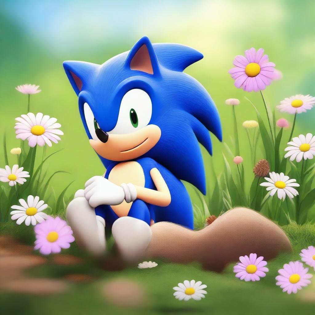 A charming scene featuring Sonic the Hedgehog peacefully sleeping next to a small bird