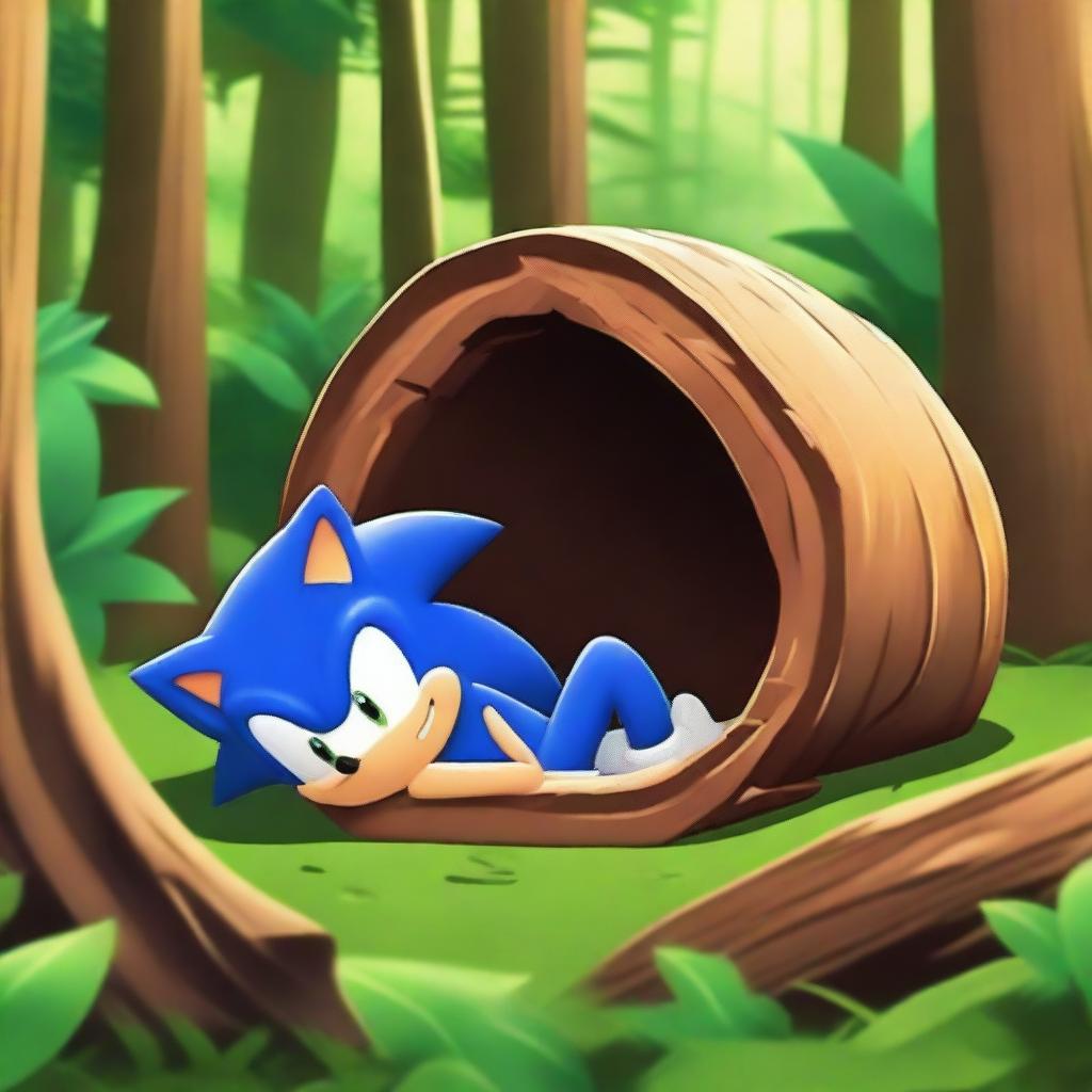 Sonic the Hedgehog sleeping peacefully inside a hollow log