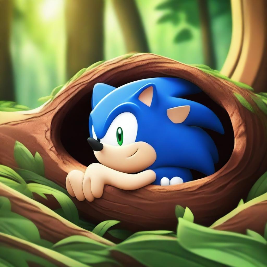 Sonic the Hedgehog sleeping peacefully inside a hollow log