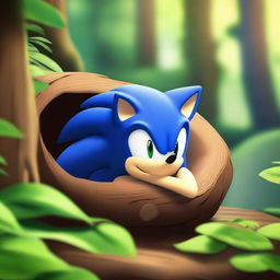 Sonic the Hedgehog sleeping peacefully inside a hollow log