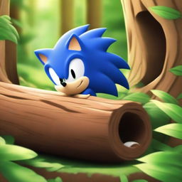 Sonic the Hedgehog sleeping peacefully inside a hollow log