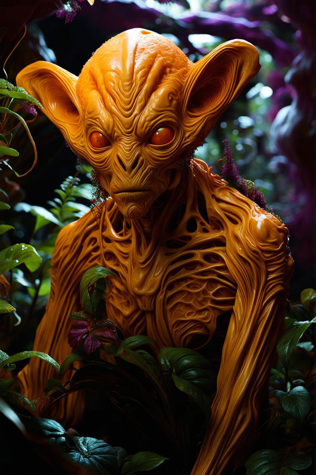 Create a hyper-realistic 3D artwork of an orange alien-human hybrid in a zoomed-out scene with intense lighting, resembling cinema photography and concept art