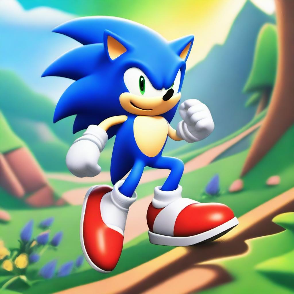 Sonic the Hedgehog is running at full speed through a vibrant, colorful landscape