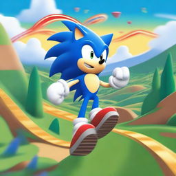 Sonic the Hedgehog is running at full speed through a vibrant, colorful landscape