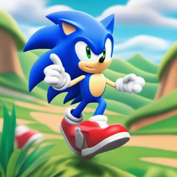 Sonic the Hedgehog is running at full speed through a vibrant, colorful landscape