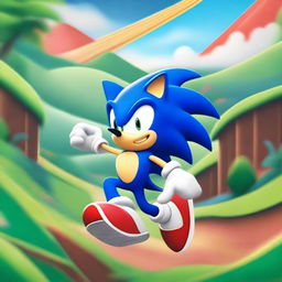 Sonic the Hedgehog is running at full speed through a vibrant, colorful landscape