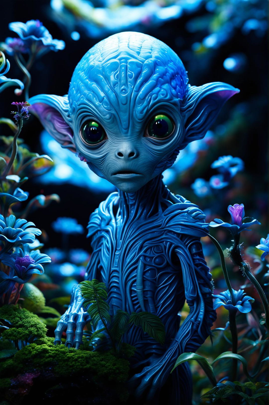 Create a hyper-realistic 3D artwork of a small blue alien-human hybrid in a zoomed-out scene with intense lighting, resembling cinema photography and concept art