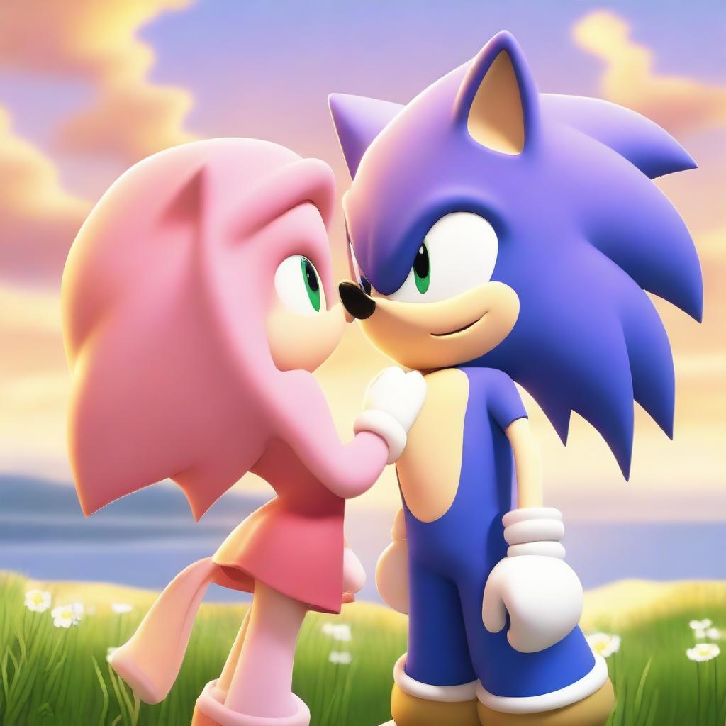 Sonic the Hedgehog gently kissing Amy Rose on the cheek in a tender moment