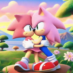 Sonic the Hedgehog gently kissing Amy Rose on the cheek in a tender moment