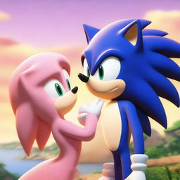 Sonic the Hedgehog gently kissing Amy Rose on the cheek in a tender moment