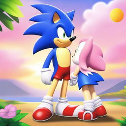 Sonic the Hedgehog gently kissing Amy Rose on the cheek in a tender moment