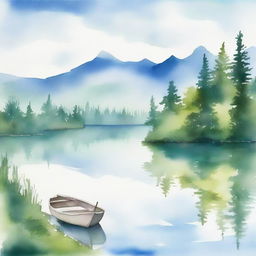 A beautiful watercolor painting of a serene lakeside