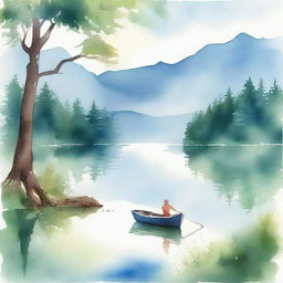 A beautiful watercolor painting of a serene lakeside