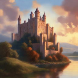 A grand medieval castle bathed in the warm hues of a sunset, depicted in an oil painting style