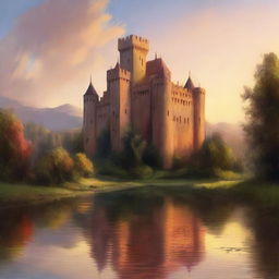 A grand medieval castle bathed in the warm hues of a sunset, depicted in an oil painting style