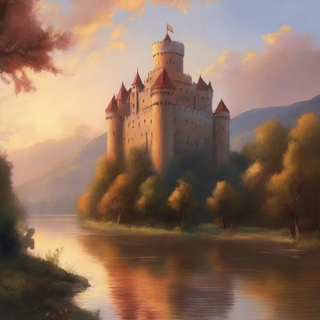 A grand medieval castle bathed in the warm hues of a sunset, depicted in an oil painting style