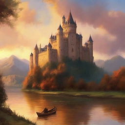 A grand medieval castle bathed in the warm hues of a sunset, depicted in an oil painting style