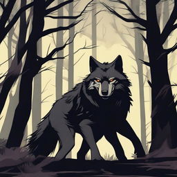 A menacing wolf is depicted in a dark forest, baring its sharp teeth and growling fiercely